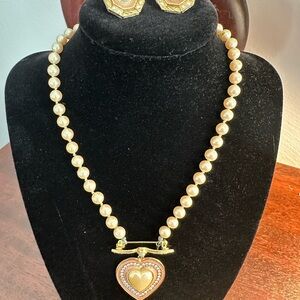 Gold and Cream Heart Pendant Necklace and Earring Set